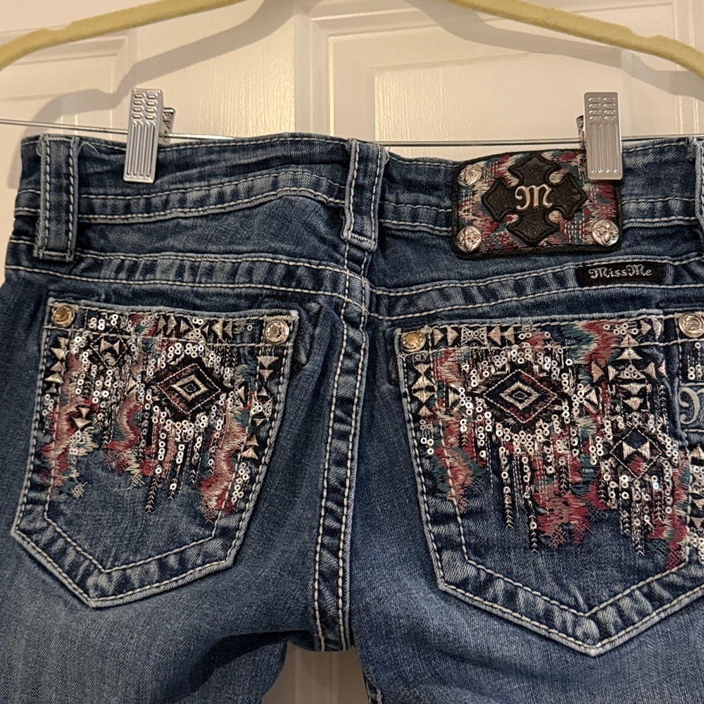 Miss Me Dark Blue Bootcut Jeans with Embellished Pockets